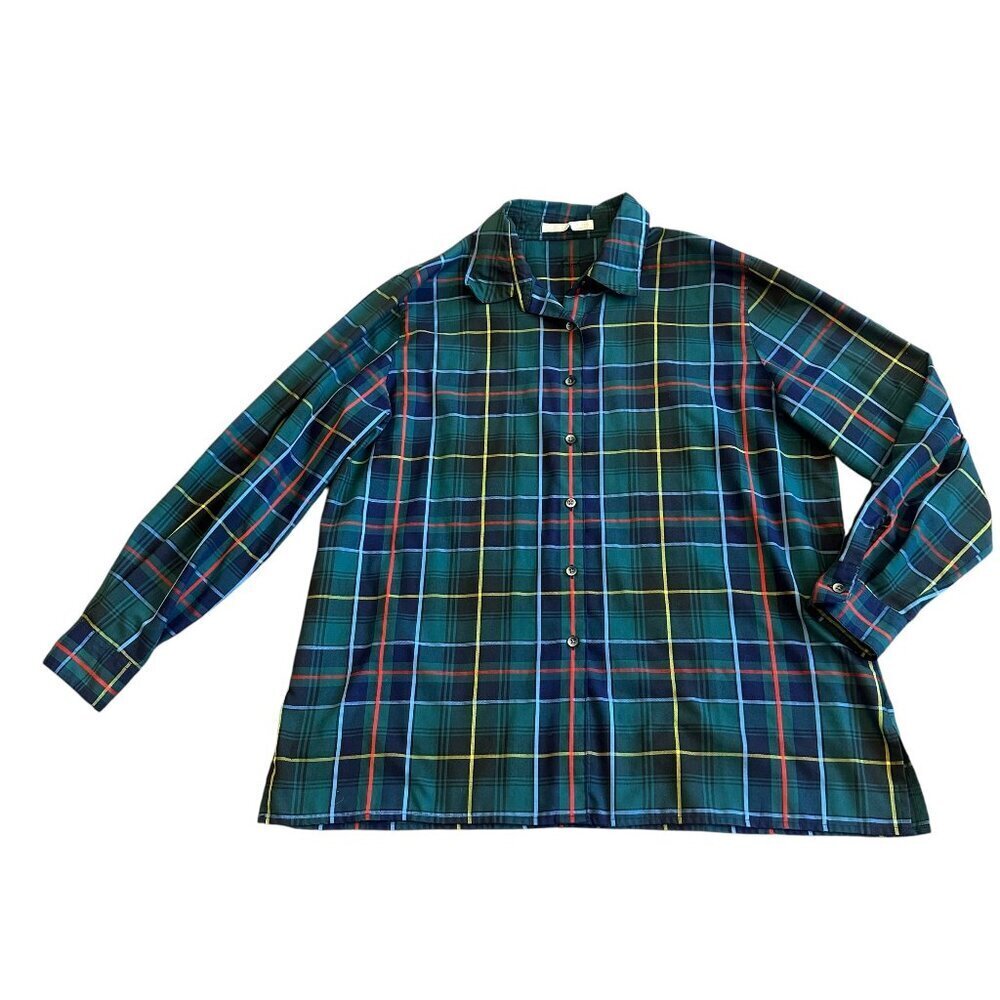 Foxcroft Green Plaid Button-Down Shirt Long Sleeve Cotton Blend Size 14 Women's